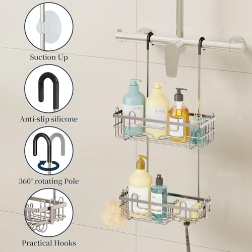 Consumest Over the Door Shower Caddy - 2-Tier Hanging Shower Organizer with Soap Holder, Rustproof Bathroom Storage and Organizer Rack for Shampoo, Towels, and Toiletries, Sand Nickel