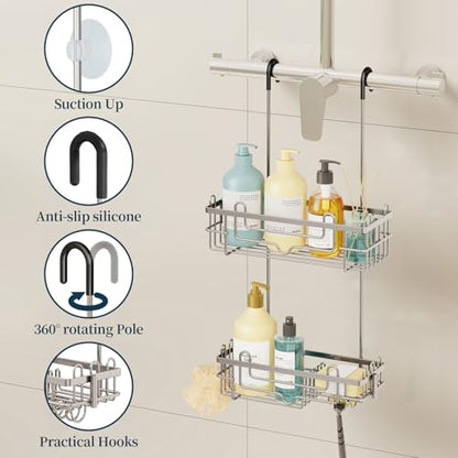 Consumest Over the Door Shower Caddy - 2-Tier Hanging Shower Organizer with Soap Holder, Rustproof Bathroom Storage and Organizer Rack for Shampoo, Towels, and Toiletries, Sand Nickel