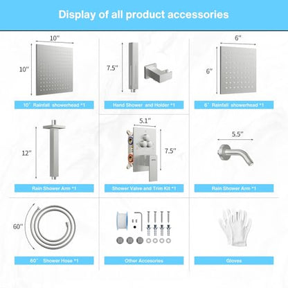 VANFOXLE Rain Shower System Brushed Nickel Shower Faucet Set, High Pressure | Push Button Diverter,16 Inch Ceiling Mount Rain Head Increased Thick, 6 Inch Side Head, 2-in-1 Handheld Sprayer - color: Brushed Nickel, style: 10"+6" Head