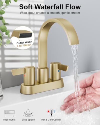 Brushed Gold Bathroom Faucet,4 Inch Centerset 2-Handle Waterfall | Includes Pop-Up Drain,24-Inch Supply Lines,Mounting Hardware,SUS304 Stainless Steel Construction,And A 360° Swivel Spout - color: Brushed Gold