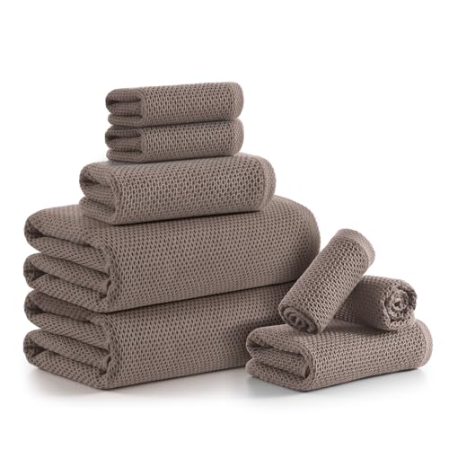 REDKISS Quick Dry Waffle Towel Set of 8, 100% Cotton,Lightweight & Highly Absorbent Waffle Towels for Bathroom, Spa, Gym, Pool-2 Bath Towels, 2 Hand Towels & 4 Washcloths,Brown - color: Brown
