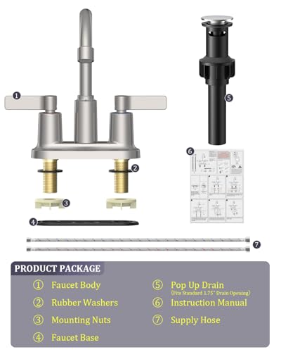 Brushed Nickel Bathroom Sink Faucet 3 Hole 4 Inch Centerset Bathroom Faucet | Faucet for Bathroom Sink with Pop Up Drain and 2 Supply Hoses 2 Handle Bathroom Faucets for Sink Vanity RV Evolvegoods - color: Brushed Nickel