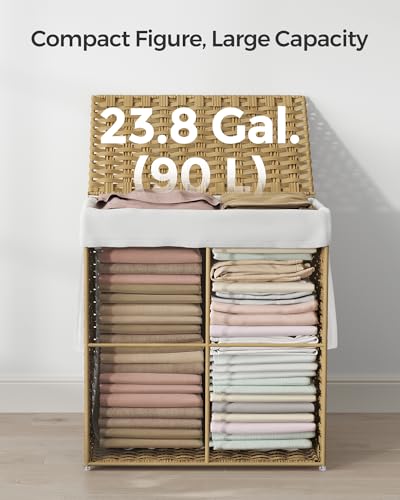 SONGMICS Laundry Hamper with Lid, 23.8 Gallon (90 L) Synthetic Rattan Clothes Laundry Basket with Lid and Handles, Foldable, Removable Liner, Goose Yellow ULCB51NL - color: Goose Yellow, size: 90 L