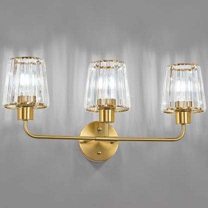 Brushed Gold Vanity Lights, 3-Light Crystal Bathroom Light Fixtures | Modern Bathroom Vanity Light E26 Wall Light over Mirror (Exclude Bulb) - color: Brushed Gold, size: 3-Light