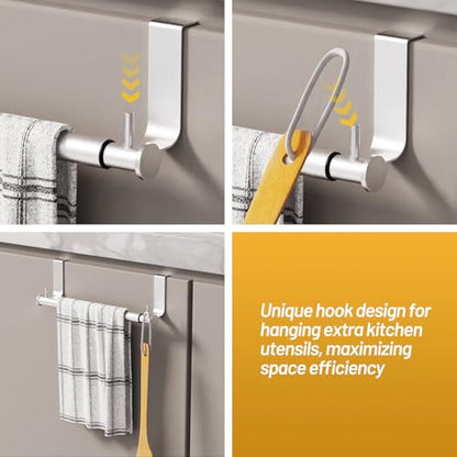 VEHHE Stainless Steel Expandable Towel Rack for Under Cabinet, Adjustable Over the Door Towel Rack with Hanging Hooks for Kitchen Cabinet, Bathroom Sponge Hand Towel Storage, Rust Proof Organizer