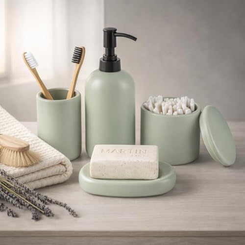 Ava Nord Modern Minimalist Ceramic Bathroom Accessories - Set of 4 - Green | Soap Dispenser + Toothbrush Holder + Soap Dish + Cup, Aesthetic Scandinavian Design, Home Decor, Scratch Resistant, Durable - color: Sage Green