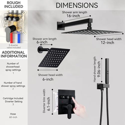 Shower Systems with Rain Shower and Handheld,STARBATH Dual Head 12+6" Rainfall Shower Can Run All Together, Wall Mount Shower Faucet Set with Pressure Balance Valve and Trim Kit, Matte Black - color: Matte Black, size: 6+12 inch-08