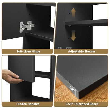 Wall Mounted Storage Cabinet with LED Light, Bathroom Over Toilet Organizer | Black Waterproof Cabinets With Adjustable Shelves, Soft Close, For Bathroom Kitchen Medicine Small Spaces, Easy to Assemble - color: Black