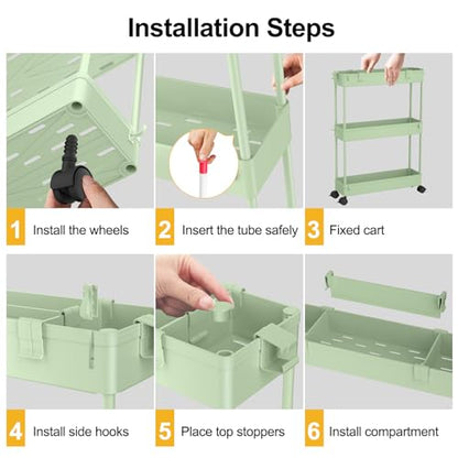 Slim Storage Cart 3 Tier,Bathroom Organizer Rolling Utility,Mobile Shelving Unit Slide Out for Office, Kitchen, Laundry Room & Narrow Places，Green - color: Green
