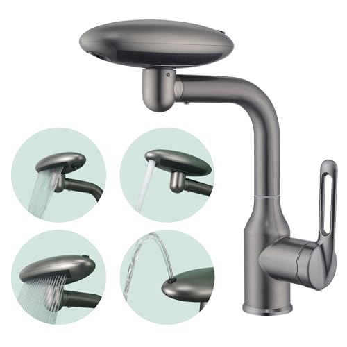 Bathroom Sink Faucet 1 Hole, Gunmetal Grey Multifunctional Basin Faucet with 4 Water Outlet Modes, Modern 360°Rotatable Bar Tap with Two Water Supply Pipes - color: Gray