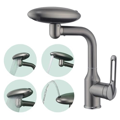 Bathroom Sink Faucet 1 Hole, Gunmetal Grey Multifunctional Basin Faucet with 4 Water Outlet Modes, Modern 360°Rotatable Bar Tap with Two Water Supply Pipes - color: Gray