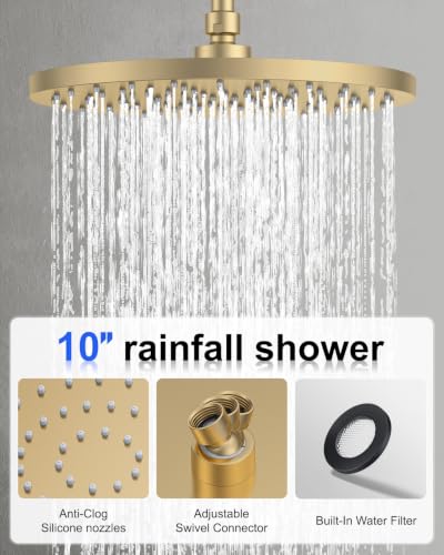 Iriber Brushed Gold Shower head with Handheld,8"+10" Rain Shower Faucet Set | 10 Inch Ceiling +8 Inch Wall Mount Dual Shower Heads,Push Button Diverter Shower System,Pressure Balance Valve - color: Brushed Gold 06