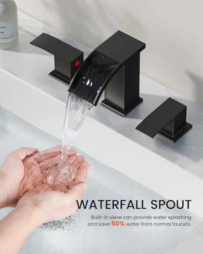 gotonovo Waterfall Bathroom Faucet 3 Hole Square Body,Oil Rubbed Bronze | SUS304 8’’ Widespread Bathroom Sink Faucet,2.17’’ Wide Spout,24’’ cUPC Hose,Pop Up Drain,2 Handle,Vanity,Lavatory,Basin,RV - color: Bromze