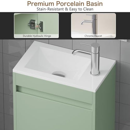 wonline 16" Small Floating Green Bathroom Vanity Sink Combo, Wall Mounted Narrow Single Cabinet with Resin Basin Sink Top, Water Saving Chrome Faucet & Pop-Up Drain - color: Green Linen