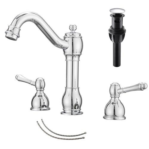 2 Handles 3 Holes Faucet Widespread Bathroom Sink Faucet Basin Tap Mixer Supply Hose Included Matching Pop Up Drain Polished Chrome - color: Chrome, size: Widespread