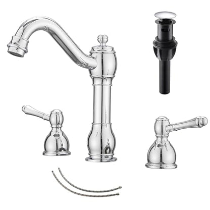 2 Handles 3 Holes Faucet Widespread Bathroom Sink Faucet Basin Tap Mixer Supply Hose Included Matching Pop Up Drain Polished Chrome - color: Chrome, size: Widespread