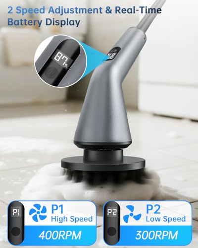 Electric Spin Scrubber, IPX7 Waterproof 2-Speed, Extendable Long Handle Cordless Cleaning Brush with 7 Replacement Brush Heads for Bathroom Shower Bathtub Glass Tub Tile Floor Car
