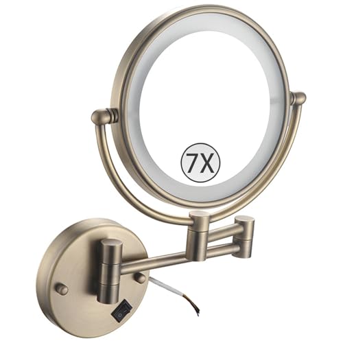 Wall Mounted Lighted Makeup Mirror, Hardwired 2-Sided Magnifying Vanity Mirror, Extended Arm 360 Rotation LED Cosmetic Mirror,Bronze,7X - color: Bronze, size: 7X
