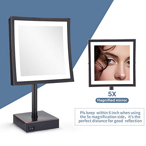 DOWRY Tabletop LED Lighted 5X Magnifying Square Makeup Mirror with Plug,8 Inch, Polished Oil Rubbed Bronze Finished - color: Oil Rubbed Bronze
