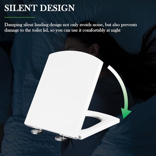 Quiet Close Toilet Seat - Slow-Close Elongated Design, Thickened PP Material (17"), Fits Standard Toilets, Easy Install, Anti-Slam (White)