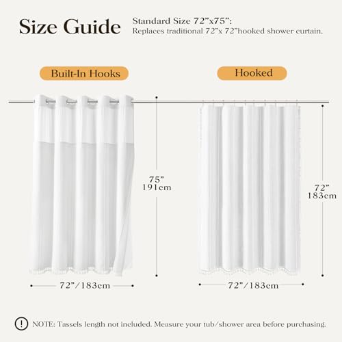 White Ringless Boho Stripe Tassel Shower Curtain with Snap Liner 72x75 | Heavy Duty Linen Blend, 3 in 1 Shower Curtain Set, Farmhouse Style, Waterproof & Washable, Mesh Top Window, Easy to Install - color: White, size: 72"W x 75"L (Pack of 1)