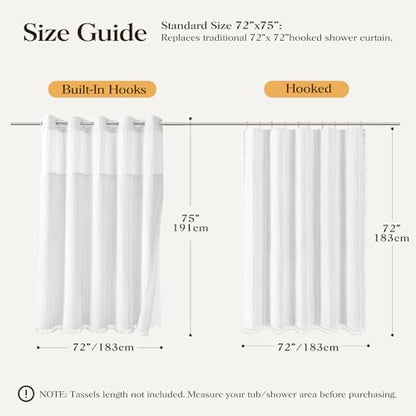 White Ringless Boho Stripe Tassel Shower Curtain with Snap Liner 72x75 | Heavy Duty Linen Blend, 3 in 1 Shower Curtain Set, Farmhouse Style, Waterproof & Washable, Mesh Top Window, Easy to Install - color: White, size: 72"W x 75"L (Pack of 1)