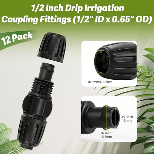 12 Pack 1/2 Inch Drip Irrigation Coupling Fittings (1/2" ID x 0.6-0.65" OD), 1/2'' Dripline Barbed Coupler Connectors with Anti-Drop Lock Nuts for Garden Lawn Irrigation System Connection - size: 1/2" Nut Coupling-12P