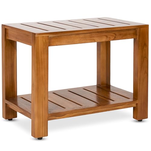 Teak Shower Bench with Shelf, 24” Wide, Shower Stool, Fully Assembled Bathroom Shower Seat, Water-Resistant Spa Bath Bench for Shower, Bathroom & Entryway, The Tara