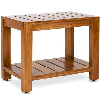 Teak Shower Bench with Shelf, 24” Wide, Shower Stool, Fully Assembled Bathroom Shower Seat, Water-Resistant Spa Bath Bench for Shower, Bathroom & Entryway, The Tara