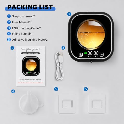 Automatic Soap Dispenser Touchless, Wall Mount, Rechargeable, Mood Lighting | 5 Adjustable Levels, IPX5 Waterproof, LED Clock, 320ML, Hand & Dish Soap for Bathroom Kitchen, Black - color: Black