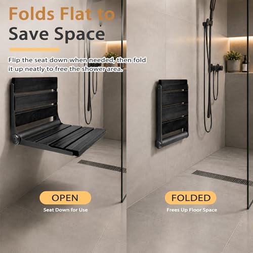 Folding Shower Seat Teak, Bathla Safety Furniture Stainless Steel, Shower Seats for Elderly, Fold Down Shower Seat, Black Wood - color: Black and Black Stainless Steel