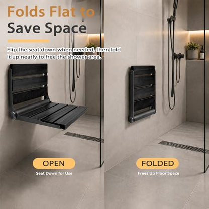 Folding Shower Seat Teak, Bathla Safety Furniture Stainless Steel, Shower Seats for Elderly, Fold Down Shower Seat, Black Wood - color: Black and Black Stainless Steel