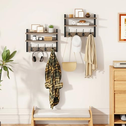 YMYNY Double Shelf Coat Rack Wall Mount with 8 Hooks, Silver Gray HWS009Y-2 | Wooden Coat Hanger Key Holder Wall Mount for Coats Hats Keys - Wood Wall Mounted Coat Rack with Shelf for Entryway & Bathroom - color: Silver Gray