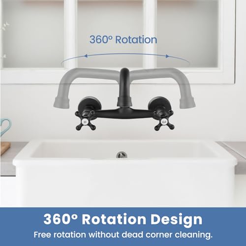 Airuida 8 Inch Center Matte Black Wall Mount Kitchen Sink Faucet | Double Cross Handle,Adjustable Center,6 Inch(15cm) Spout - color: Matte Black