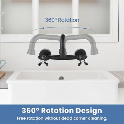 Airuida 8 Inch Center Matte Black Wall Mount Kitchen Sink Faucet | Double Cross Handle,Adjustable Center,6 Inch(15cm) Spout - color: Matte Black