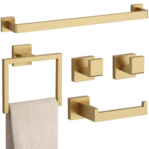 5-Piece Brushed Gold Bathroom Accessories Set – 23.6" Towel Bar, Towel Ring, Toilet Paper Holder & Hooks, Wall Mounted Bathroom Hardware, Rust & Corrosion-Resistant, Ideal for Modern Bathrooms - color: Brushed Glod, size: 5 Piece