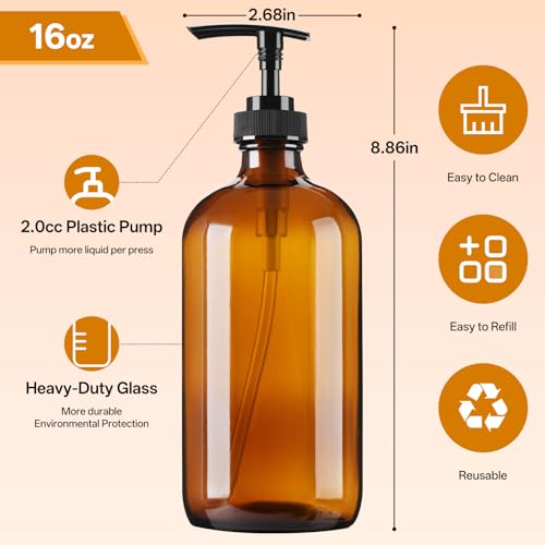 Vitreaux 16oz Amber Glass Soap Dispenser, 2 Pack Refillable Hand Soap Dispenser with Leak-Proof Pump, Brown Glass Bottle for Dish Soap, Lotion, Shampoo, Conditioner, Body Wash
