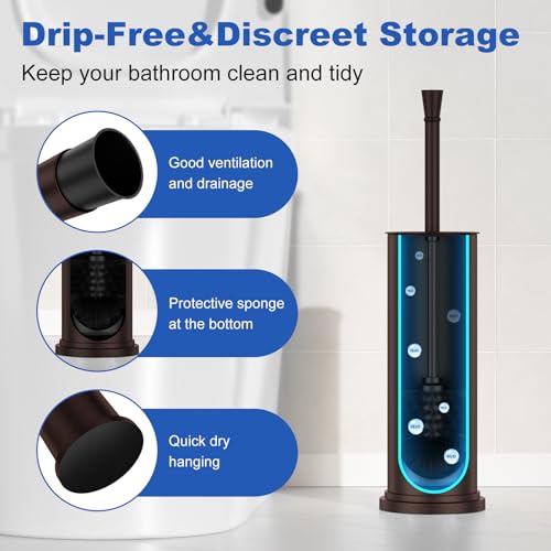 Toilet Brush and Holder Set：304 Stainless Steel Heavy Duty Toilet Bowl Brush，Removable Inner Bowl and Splash Protection，Bathroom Toilet Brush-Dense Bristles for Through Cleaning - color: Bronze