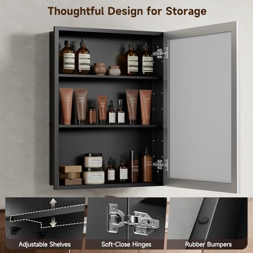 14"x24"Silver Medicine Cabinets for Bathroom with Mirror, Aluminum Alloy Framed Mirror, Recessed(12.85"x22.85")or Surface Wall-Mounted(14"x24") Metal Bathroom Vanity Mirror with Storage Cabinet