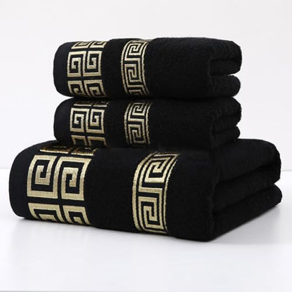 Highly Absorbent Embroidered Bath Towel Set of 3, 100% Cotton Bath Towels | 1 Bath Towel 2 Hand Towels, Super Soft and Absorbent Bathroom Towels - color: Black
