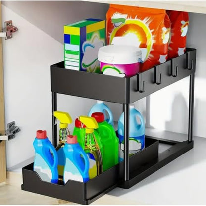 2-Tier Expandable Sink Cabinet Shelf, Stainless Steel Under Sink Organizer, Tool-Free Assembly, Rust-Proof & Heavy-Duty (Black)