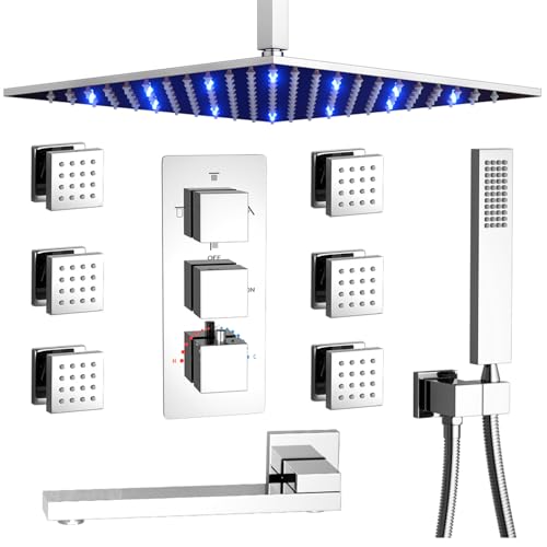 4 Way Thermostatic Shower System with Tub Spout, 12 Inch Ceiling LED Shower Head, Handheld Spray, 6 Body Jet, Chrome - color: Chrome, size: 12" Ceiling Shower
