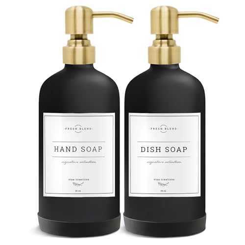 Vine Creations Black Glass Soap Dispenser, 2 Pack Kitchen Soap Dispenser Set with Stainless Steel Pump, 16 oz Dish Soap and Hand Soap Dispensers for Bathroom with Waterproof Labels - color: Matte Black Bottle / Brushed Gold Pump