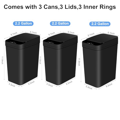 Anborry Bathroom Automatic Trash Can 3 Pack 2.2 Gallon Motion Sensor Touchless Small Slim Garbage Can with Lid Smart Electric Narrow Garbage Bin for Bedroom Living Room Office Kitchen (Black) - color: 3 Pack 2.2 Gallon & 2.2 Gallon & 2.2 Gallon Black