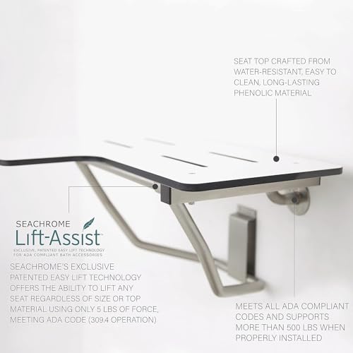Seachrome 34" x 22.5" Lift-Assist L-Shaped Reversible Bathroom Shower Bath Transfer Seat, Folding, Wall-Mounted, White Phenolic Seat - color: White, size: 34 x 22.5