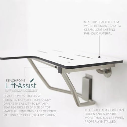 Seachrome 34" x 22.5" Lift-Assist L-Shaped Reversible Bathroom Shower Bath Transfer Seat, Folding, Wall-Mounted, White Phenolic Seat - color: White, size: 34 x 22.5