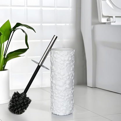 White Floral Design Resin Toilet Bowl Holder and Brush Set, Stylish Bathroom Cleaning Tool with Durable Bristles, Compact and Functional - style: White Floral