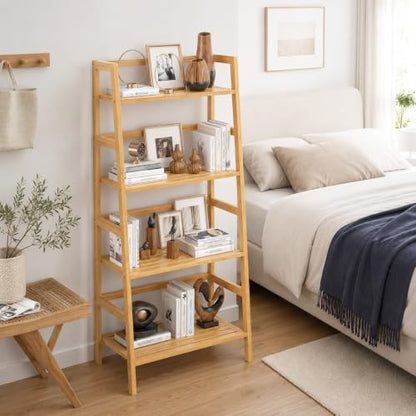 Bamboo Ladder Shelf, 4-Tier Wooden Ladder Bookshelf & Bookcase Organizer | 50” Freestanding Open Display Storage Shelves, Wood Plant Stand Rack for Small Space, Bathroom, Living Room, Bedroom - color: Natural