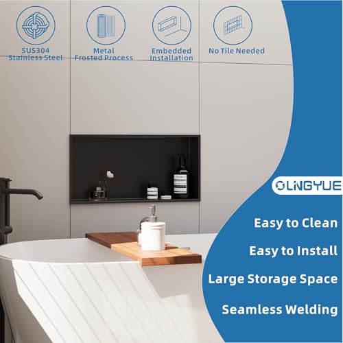 Shower Niche Stainless Steel: No Tile Needed - 24"x12" Recessed Wall Niche Shelf for Bathroom Kitchen Toilet Living Room Storage - Matte Black - color: Matte Black