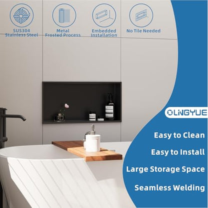 Shower Niche Stainless Steel: No Tile Needed - 24"x12" Recessed Wall Niche Shelf for Bathroom Kitchen Toilet Living Room Storage - Matte Black - color: Matte Black